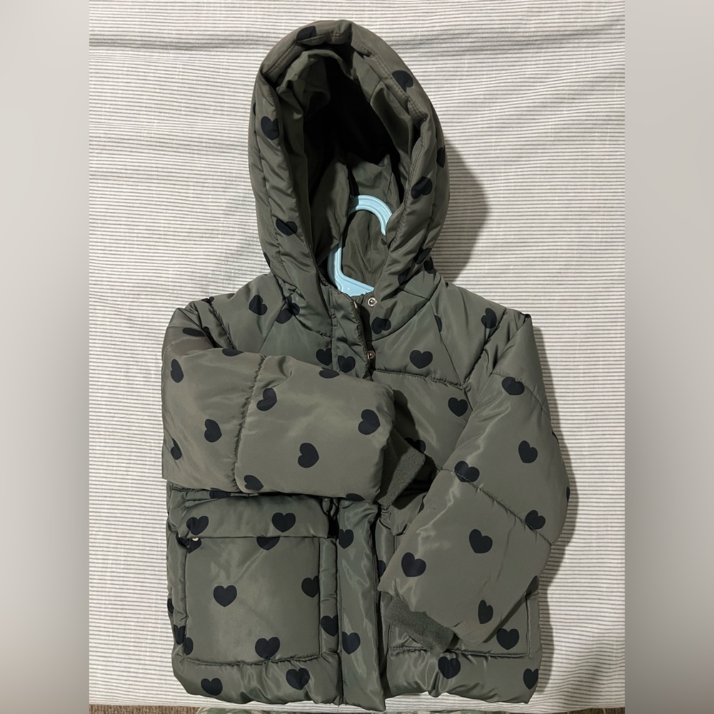 Zara Kids Heart-Patterned Green Winter Jacket, Size 18-24 months